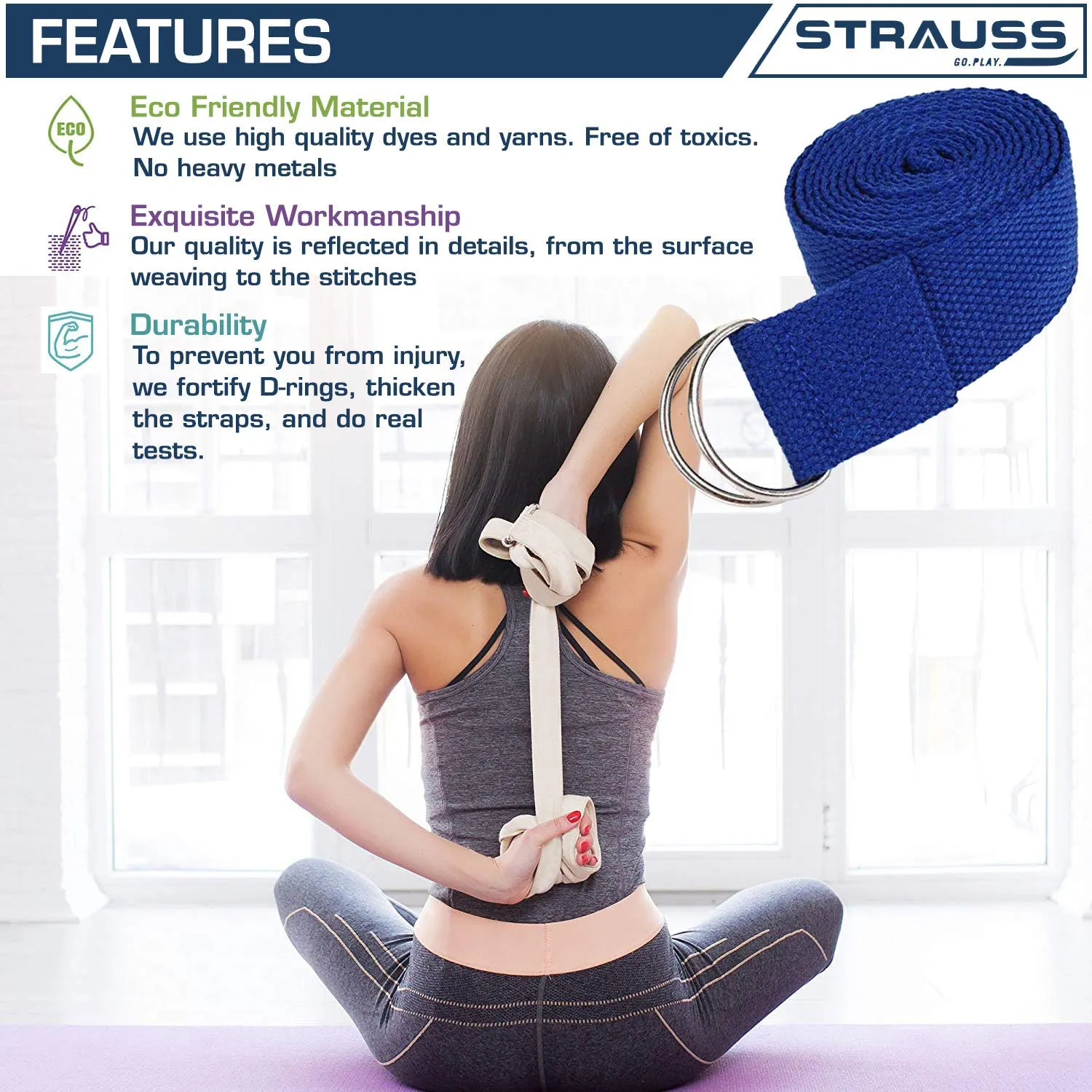 Strauss Meditation Butterfly Yoga Mat, 5 mm, (Green), Yoga Block (Green), Pair, Anti-Microbial Sports Cooling Towel(Grey) and Yoga Belt, 8 Feet, (Blue)