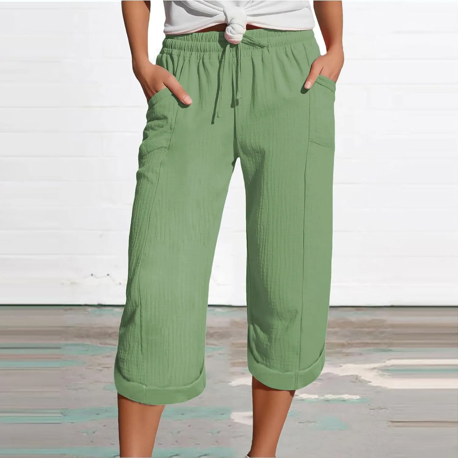 Summer Capris for Women Cotton Linen Pants Casual Loose Comfy Trendy Beach Clothes Elastic Waist Cropped Trousers