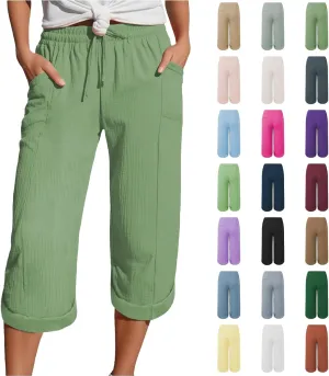 Summer Capris for Women Cotton Linen Pants Casual Loose Comfy Trendy Beach Clothes Elastic Waist Cropped Trousers