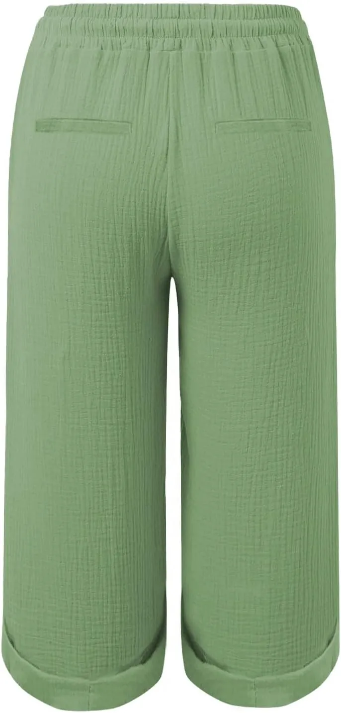 Summer Capris for Women Cotton Linen Pants Casual Loose Comfy Trendy Beach Clothes Elastic Waist Cropped Trousers