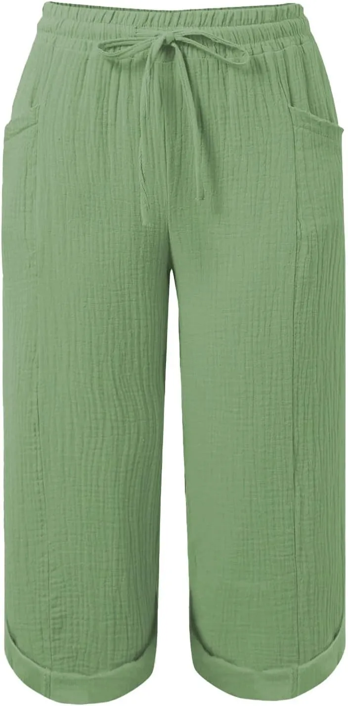 Summer Capris for Women Cotton Linen Pants Casual Loose Comfy Trendy Beach Clothes Elastic Waist Cropped Trousers