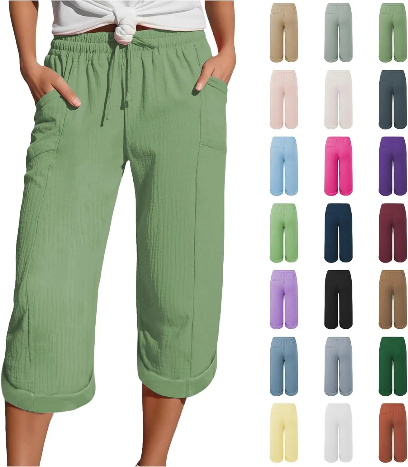 Summer Capris for Women Cotton Linen Pants Casual Loose Comfy Trendy Beach Clothes Elastic Waist Cropped Trousers