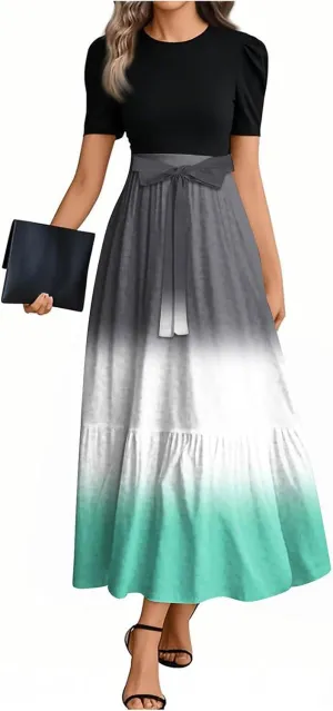 Summer Dresses for Women Tie Belted Elegant Dress Floral Print Flowy Short Sleeve Dress Patchwork Empire Waist Maxi Dress