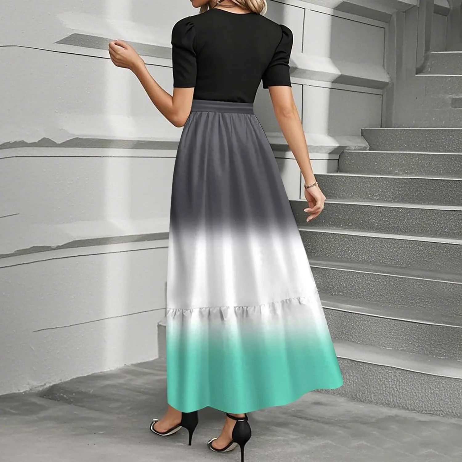 Summer Dresses for Women Tie Belted Elegant Dress Floral Print Flowy Short Sleeve Dress Patchwork Empire Waist Maxi Dress