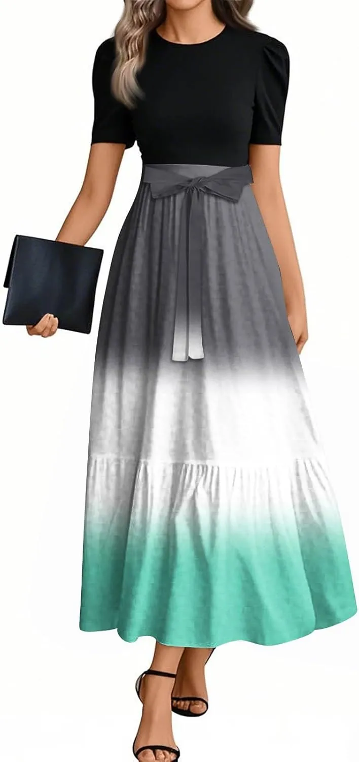 Summer Dresses for Women Tie Belted Elegant Dress Floral Print Flowy Short Sleeve Dress Patchwork Empire Waist Maxi Dress