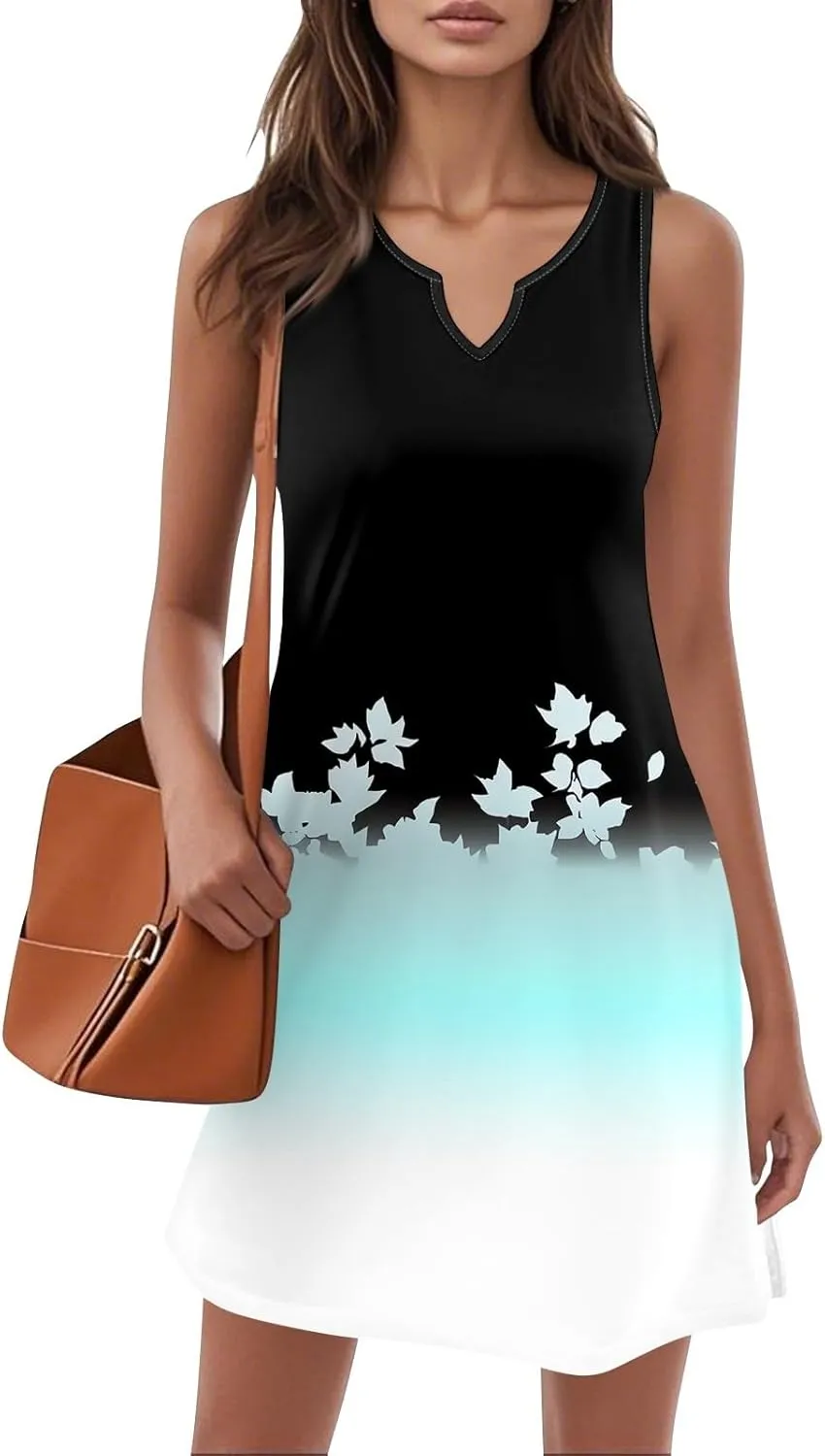 Summer Dresses for Women V-Neck Sleep Dress Casual Beach Tank Dress Sleeveless Sundresses Loose Floral T Shirt Dresses