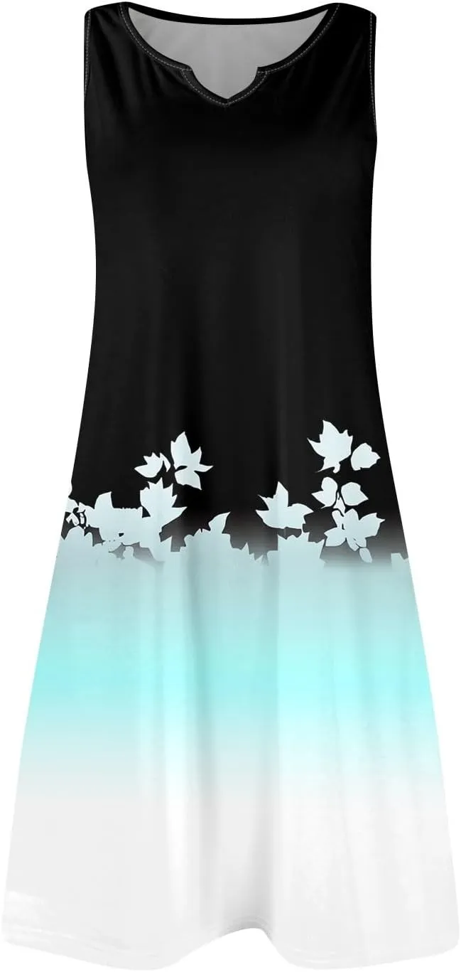 Summer Dresses for Women V-Neck Sleep Dress Casual Beach Tank Dress Sleeveless Sundresses Loose Floral T Shirt Dresses