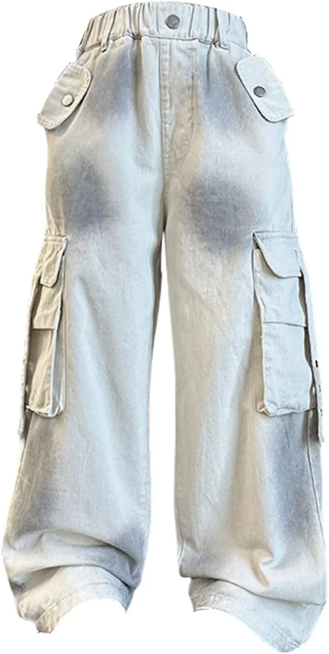 Teen Girls Palazzo Cargo Pants Kids Relaxed Wide Leg Straight Elastic Waist Casual Trousers Comfy Pants with Pockets