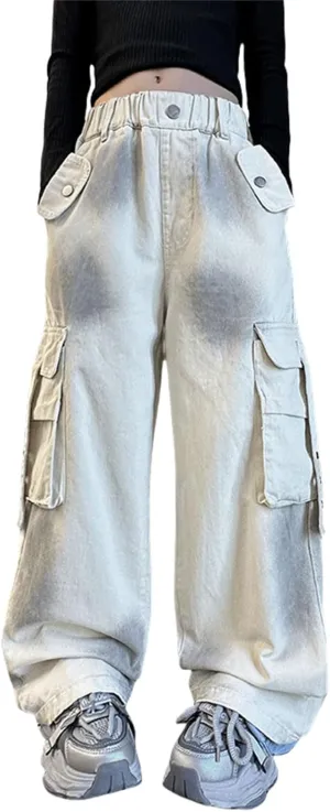 Teen Girls Palazzo Cargo Pants Kids Relaxed Wide Leg Straight Elastic Waist Casual Trousers Comfy Pants with Pockets