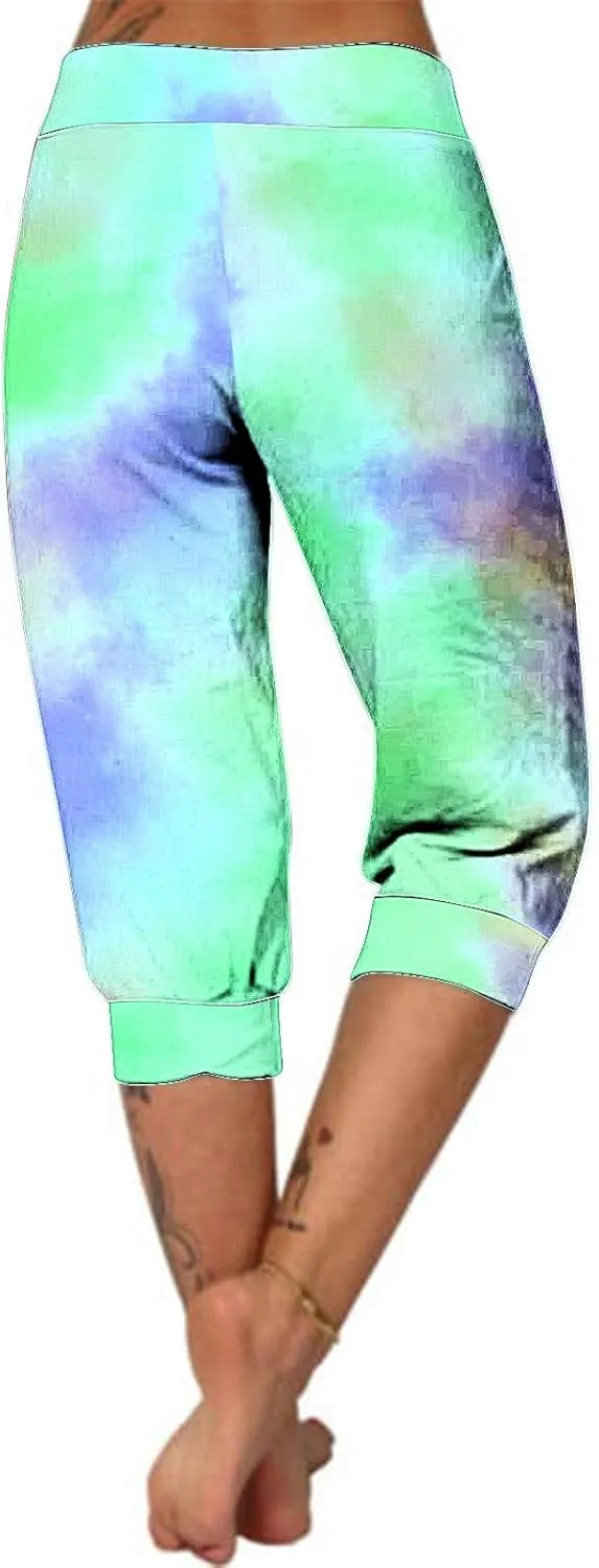 Women Irregular Striped Capris Pant Summer High Elastic Gaucho Sweatpants Side Pocket Yoga Trouser Lightweight Pants