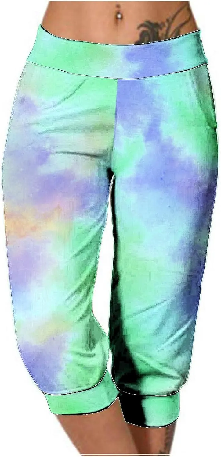 Women Irregular Striped Capris Pant Summer High Elastic Gaucho Sweatpants Side Pocket Yoga Trouser Lightweight Pants