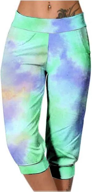 Women Irregular Striped Capris Pant Summer High Elastic Gaucho Sweatpants Side Pocket Yoga Trouser Lightweight Pants