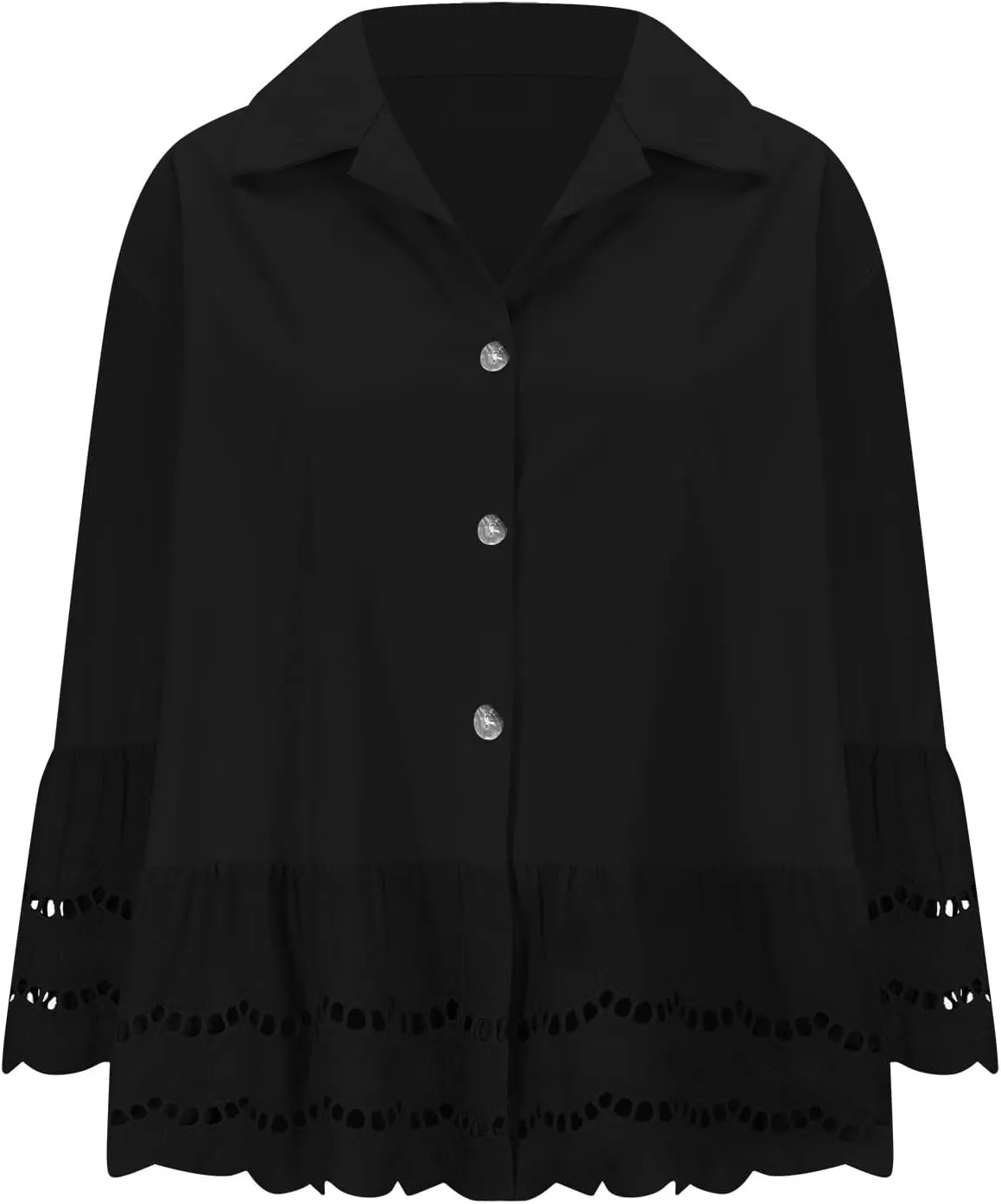 Womens Button Down Blouse 3/4 Bell Sleeve Lace Trim Shirt Casual Dressy Tops Fashion Business Work Outfits