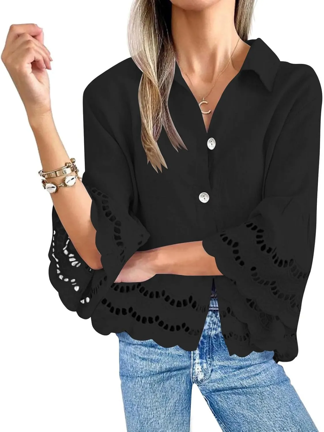 Womens Button Down Blouse 3/4 Bell Sleeve Lace Trim Shirt Casual Dressy Tops Fashion Business Work Outfits