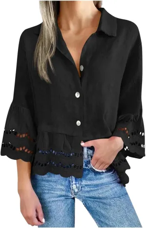 Womens Button Down Blouse 3/4 Bell Sleeve Lace Trim Shirt Casual Dressy Tops Fashion Business Work Outfits