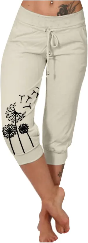 Womens Capris for Summer Lightweight Yoga Capris Pants with Pockets Stretch Drawstring High Waisted Pant