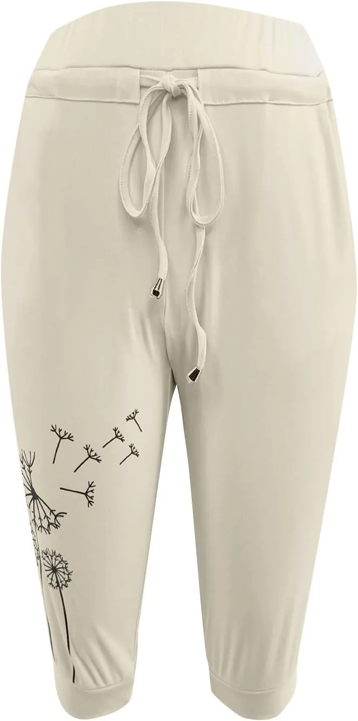 Womens Capris for Summer Lightweight Yoga Capris Pants with Pockets Stretch Drawstring High Waisted Pant