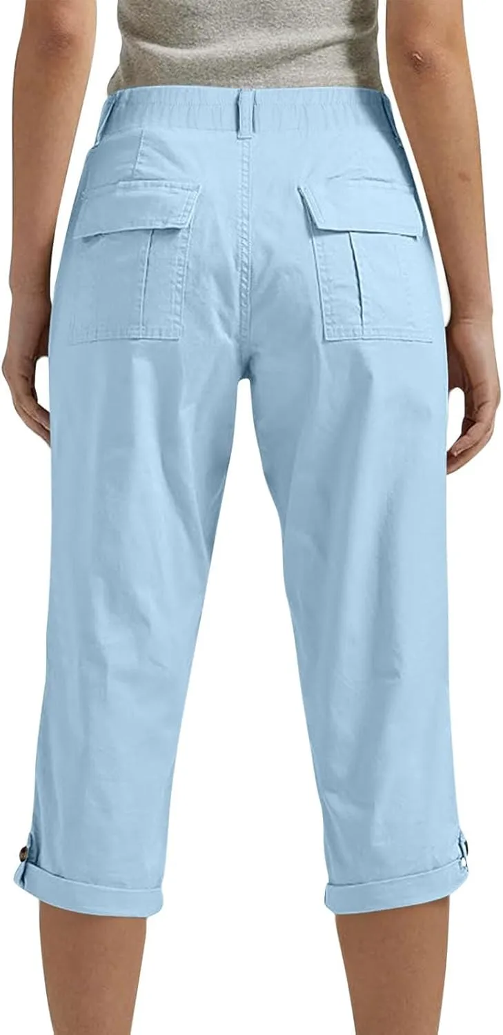 Womens Capris with Pockets Stretch Lightweight Casual Cargo Pants Rolled Hem Summer Cropped Trousers Outdoor Clothes