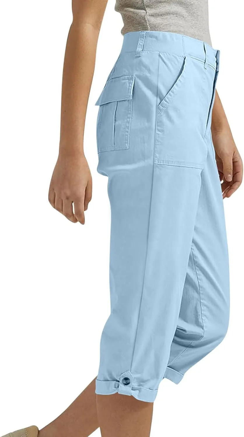 Womens Capris with Pockets Stretch Lightweight Casual Cargo Pants Rolled Hem Summer Cropped Trousers Outdoor Clothes