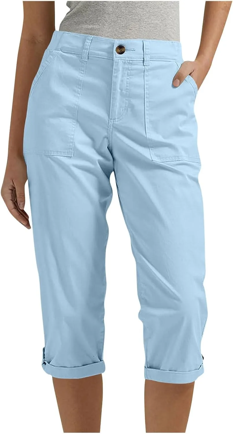 Womens Capris with Pockets Stretch Lightweight Casual Cargo Pants Rolled Hem Summer Cropped Trousers Outdoor Clothes