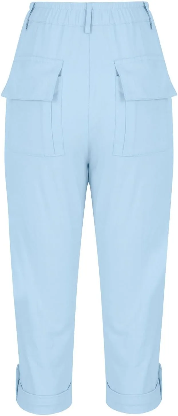 Womens Capris with Pockets Stretch Lightweight Casual Cargo Pants Rolled Hem Summer Cropped Trousers Outdoor Clothes