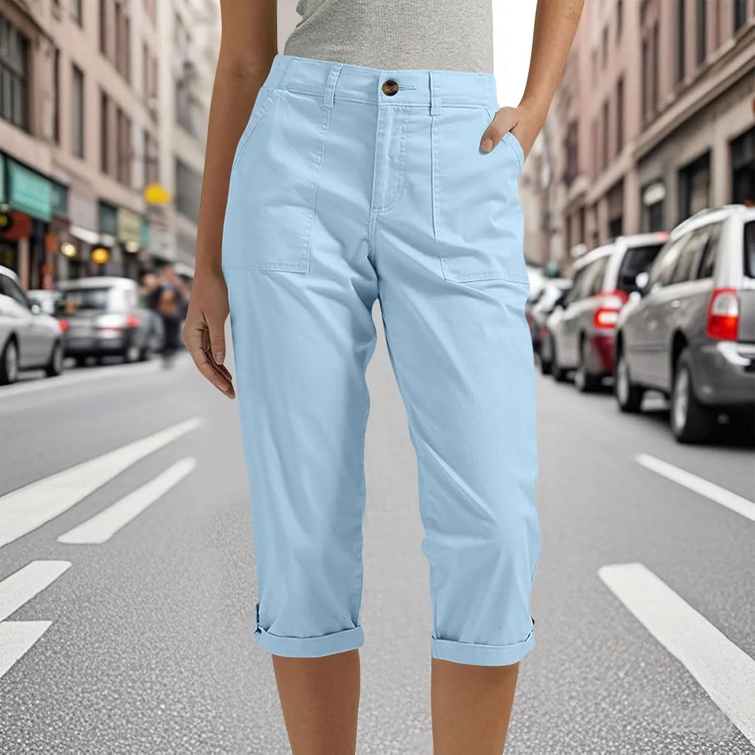 Womens Capris with Pockets Stretch Lightweight Casual Cargo Pants Rolled Hem Summer Cropped Trousers Outdoor Clothes