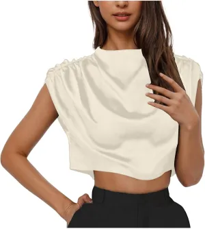 Women's Crop Top Short Sleeve Pullover Blouses Satin Silk Shirts Casual Loose Fit Elegant Business Work Tunic Tops