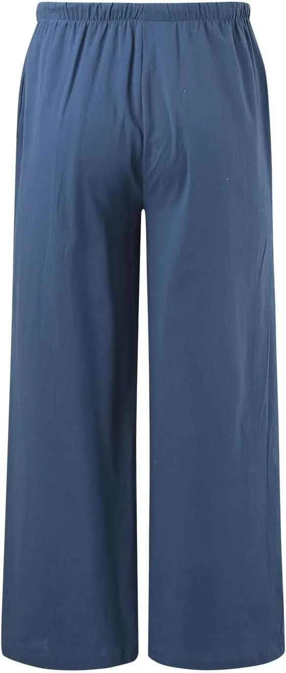 Women's Linen Summer Palazzo Pants Flowy Cotton Drawstring Trousers Vacation Wide Leg Beach Pants with Pockets