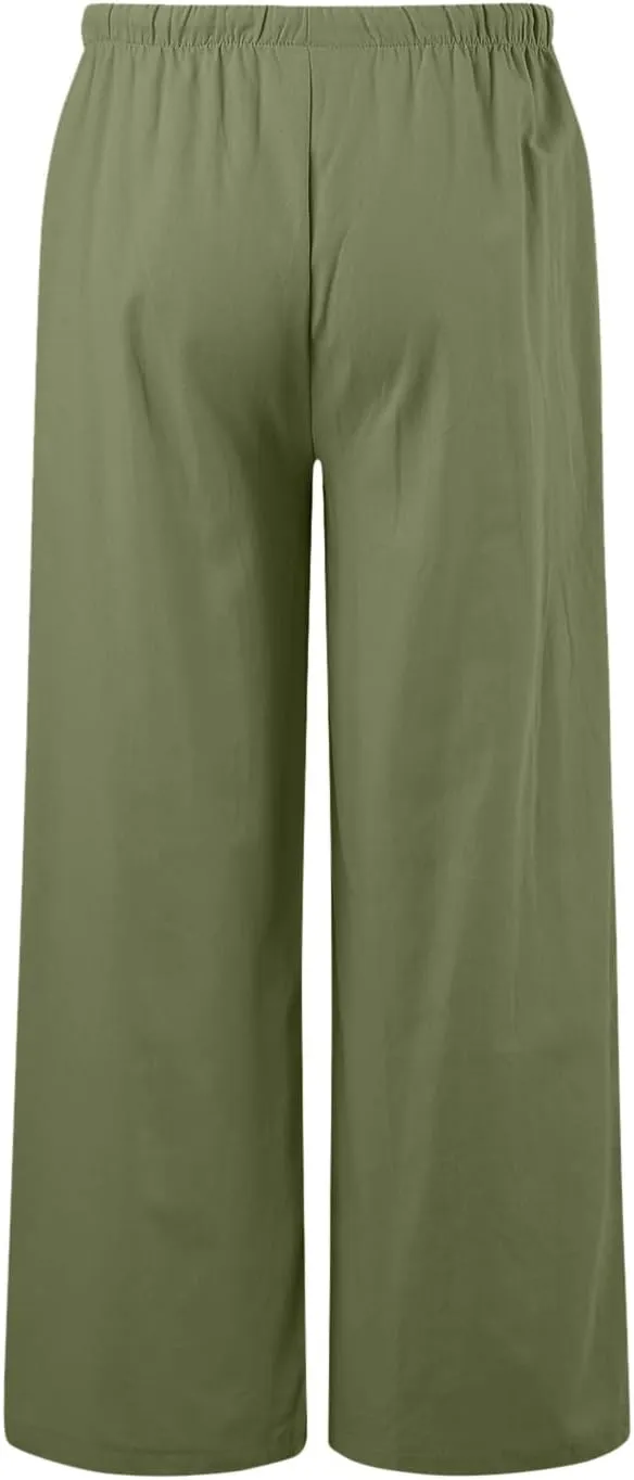 Women's Linen Summer Palazzo Pants Flowy Cotton Drawstring Trousers Vacation Wide Leg Beach Pants with Pockets