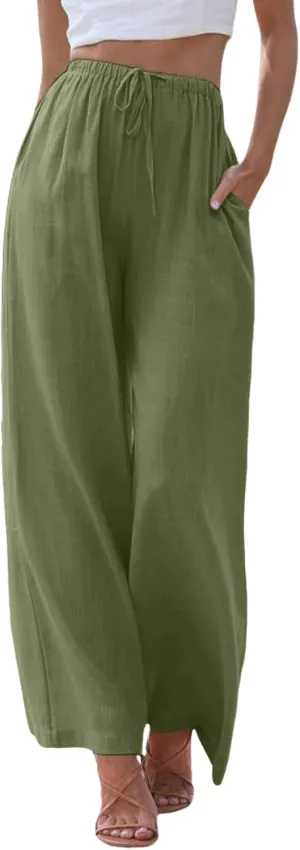 Women's Linen Summer Palazzo Pants Flowy Cotton Drawstring Trousers Vacation Wide Leg Beach Pants with Pockets