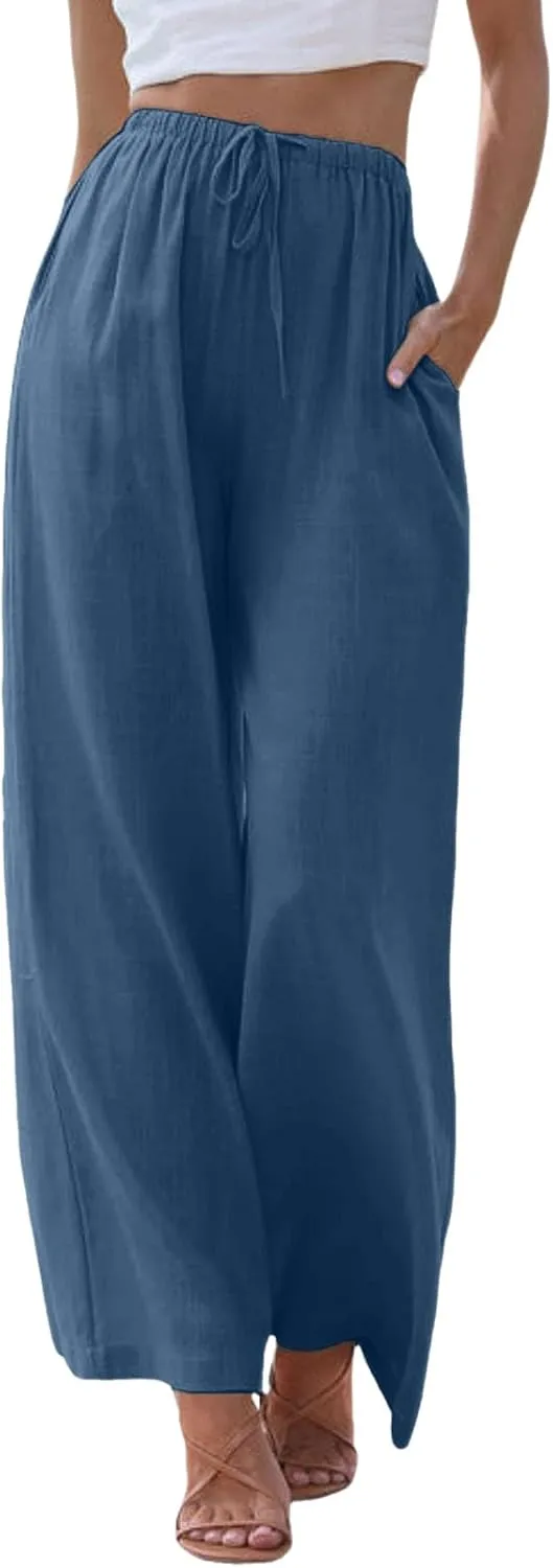 Women's Linen Summer Palazzo Pants Flowy Cotton Drawstring Trousers Vacation Wide Leg Beach Pants with Pockets