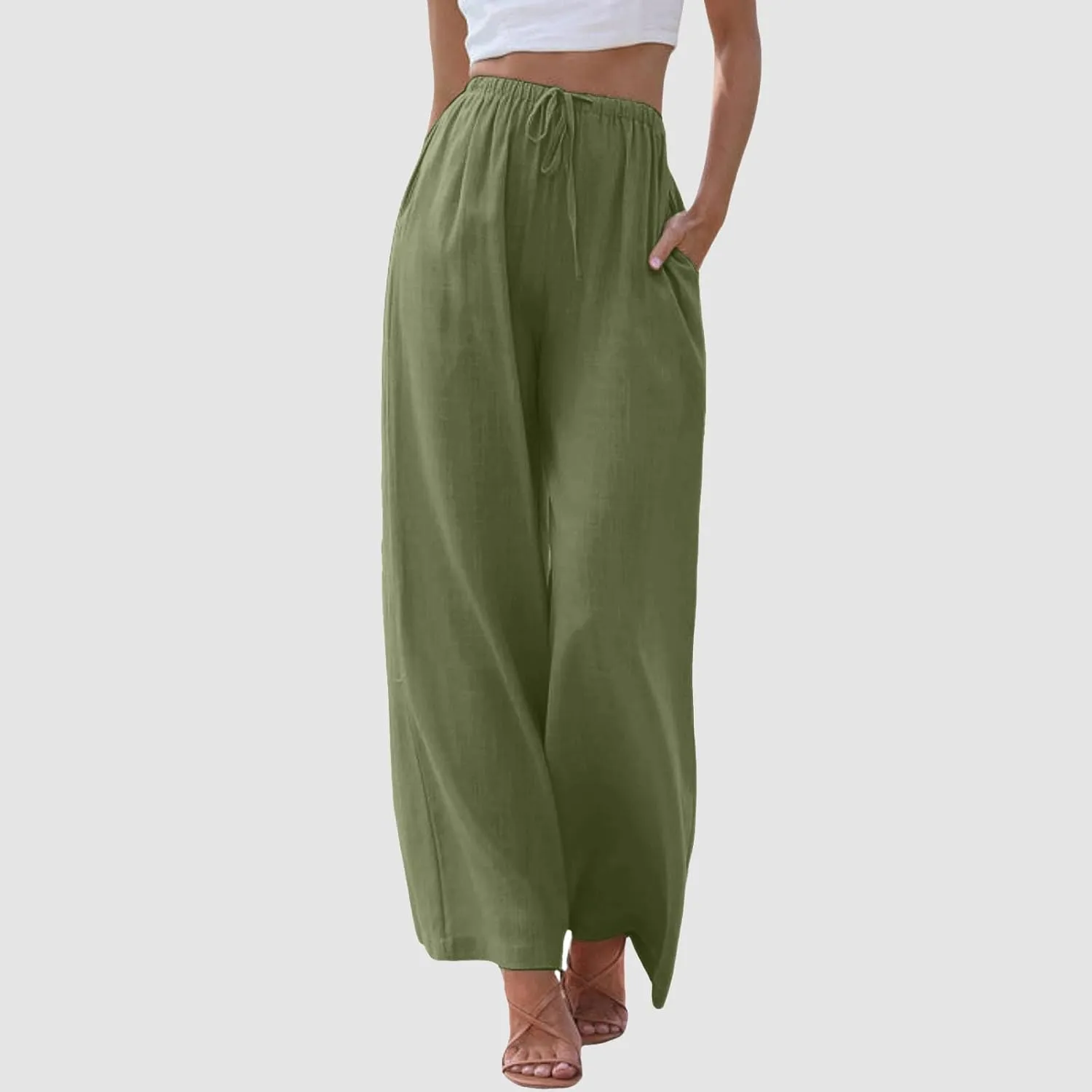 Women's Linen Summer Palazzo Pants Flowy Cotton Drawstring Trousers Vacation Wide Leg Beach Pants with Pockets