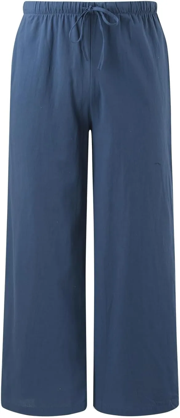 Women's Linen Summer Palazzo Pants Flowy Cotton Drawstring Trousers Vacation Wide Leg Beach Pants with Pockets