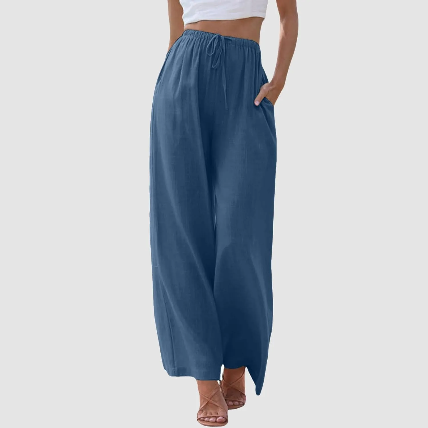 Women's Linen Summer Palazzo Pants Flowy Cotton Drawstring Trousers Vacation Wide Leg Beach Pants with Pockets