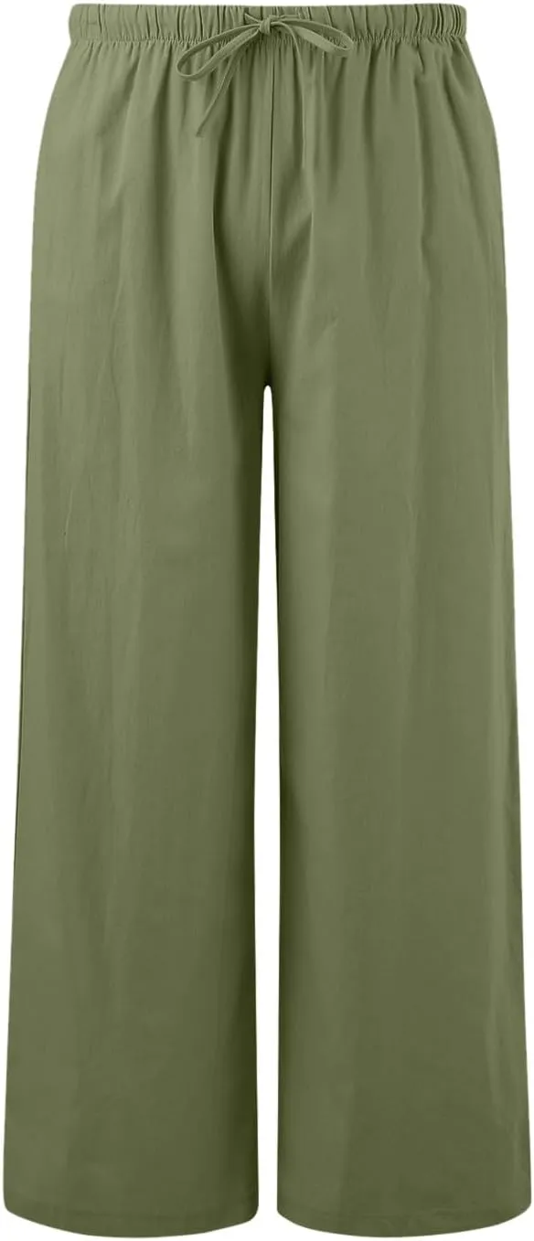 Women's Linen Summer Palazzo Pants Flowy Cotton Drawstring Trousers Vacation Wide Leg Beach Pants with Pockets