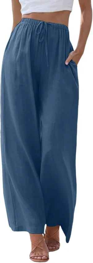 Women's Linen Summer Palazzo Pants Flowy Cotton Drawstring Trousers Vacation Wide Leg Beach Pants with Pockets