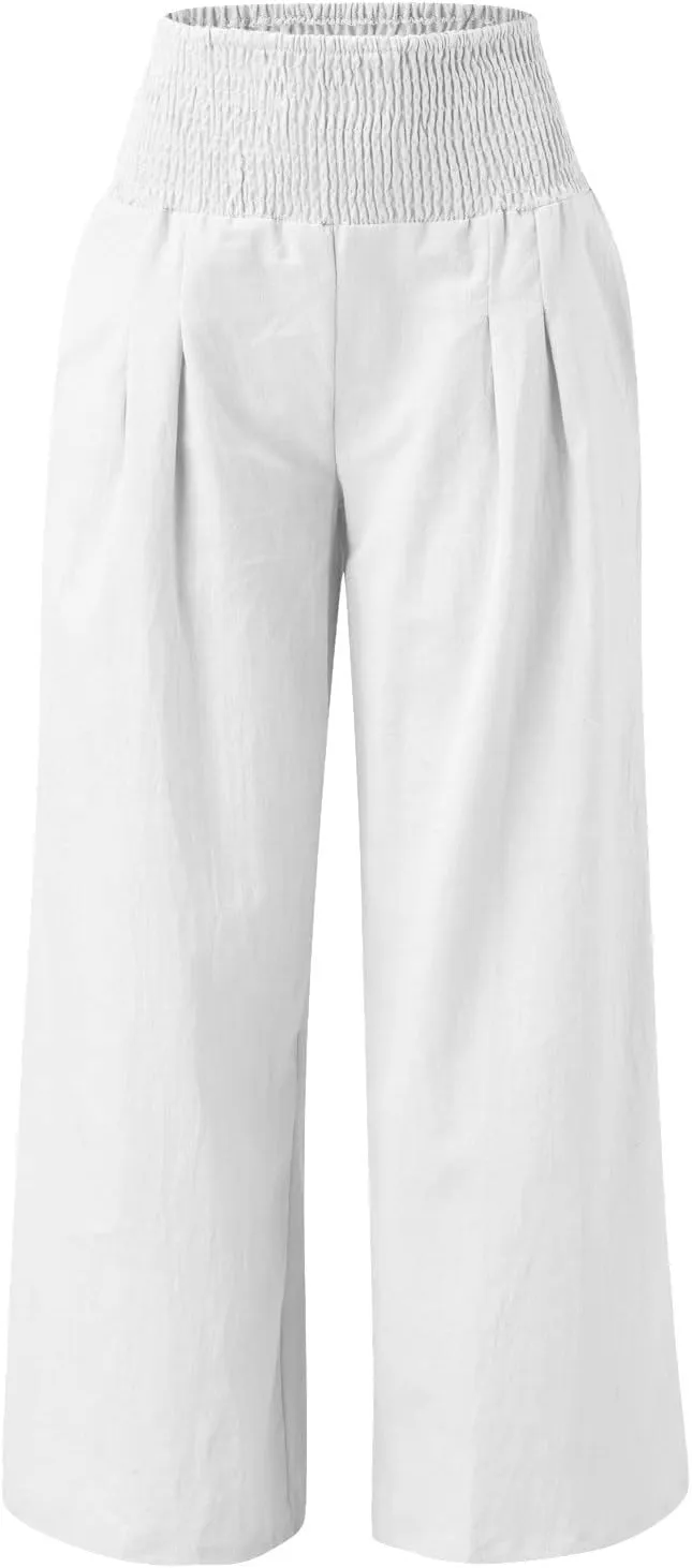 Womens Wide Leg Pants, Women Linen Palazzo Pants Summer Boho Wide Leg High Waist Casual Lounge Pant Trouser with Pockets