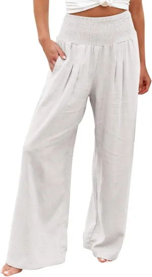 Womens Wide Leg Pants, Women Linen Palazzo Pants Summer Boho Wide Leg High Waist Casual Lounge Pant Trouser with Pockets