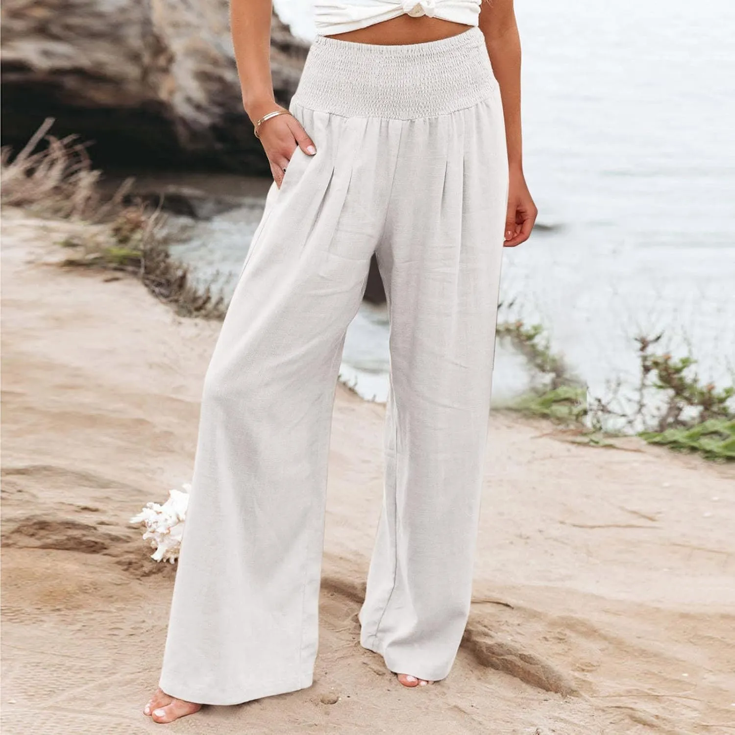 Womens Wide Leg Pants, Women Linen Palazzo Pants Summer Boho Wide Leg High Waist Casual Lounge Pant Trouser with Pockets