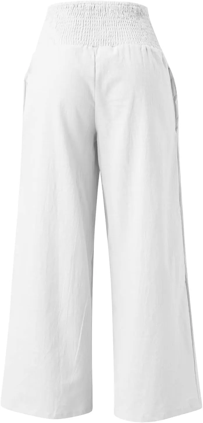 Womens Wide Leg Pants, Women Linen Palazzo Pants Summer Boho Wide Leg High Waist Casual Lounge Pant Trouser with Pockets